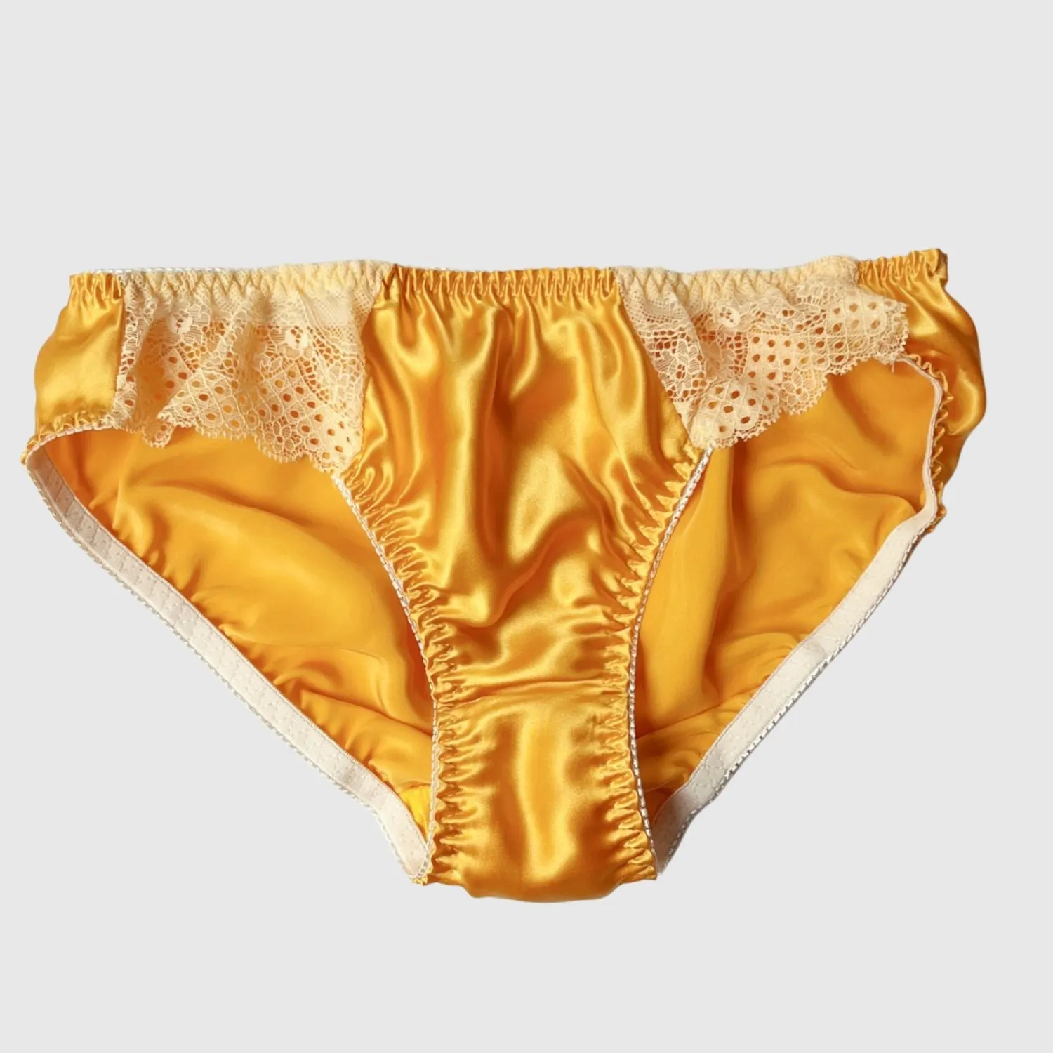 100% Silk bikini brief with scalloped lace | Gold, Rose, Coral