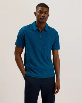 Ansom Zip-Neck Textured Towelling Cotton Polo Teal Blue