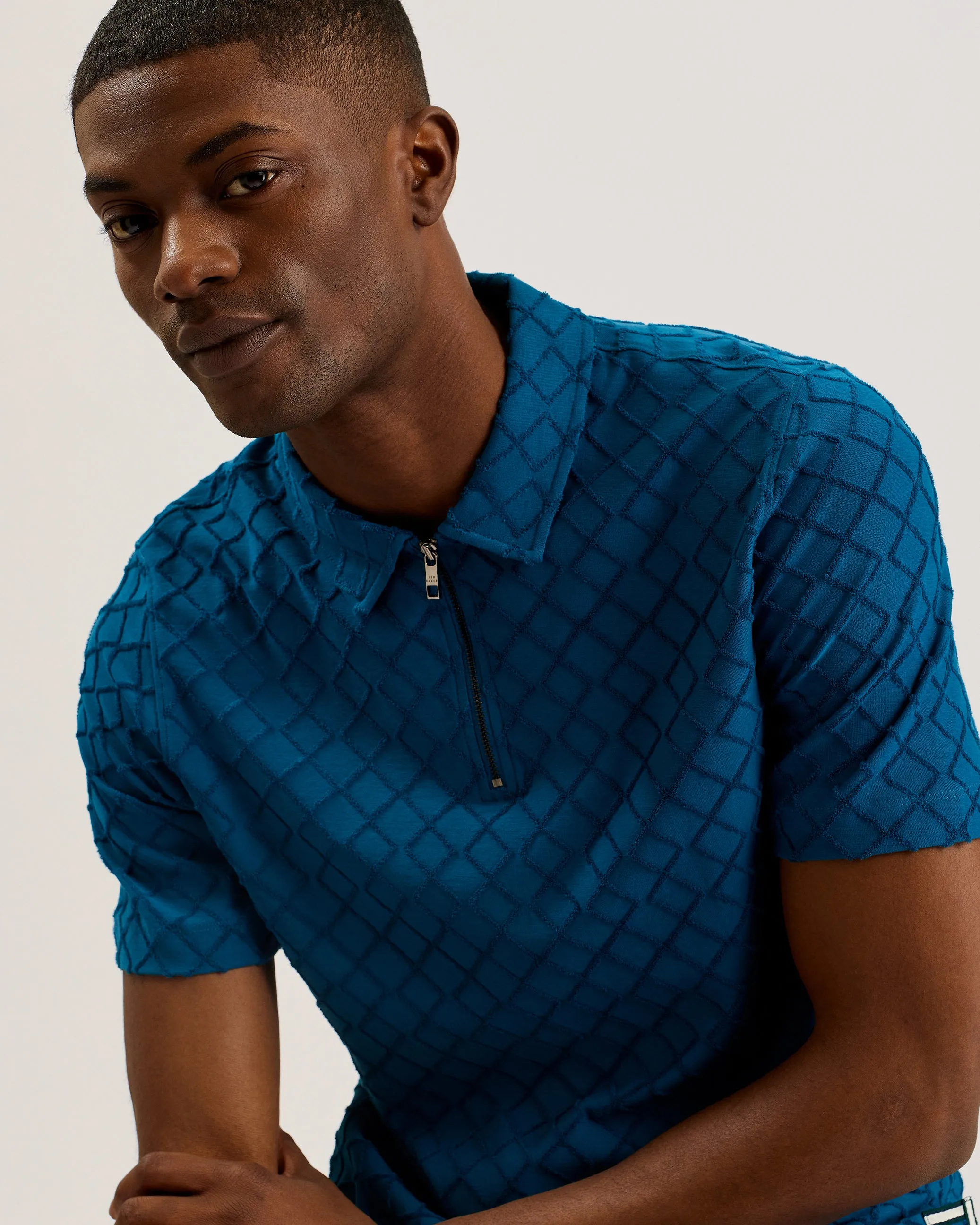 Ansom Zip-Neck Textured Towelling Cotton Polo Teal Blue