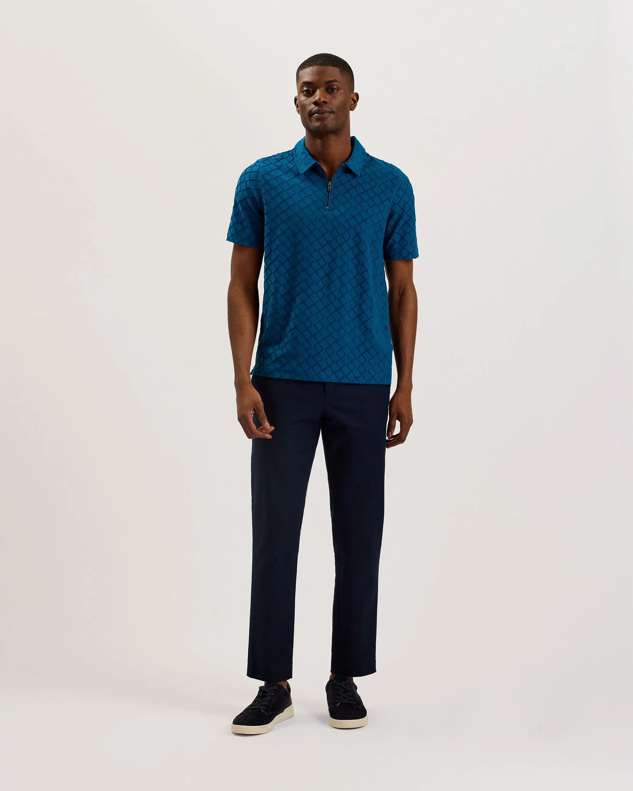 Ansom Zip-Neck Textured Towelling Cotton Polo Teal Blue