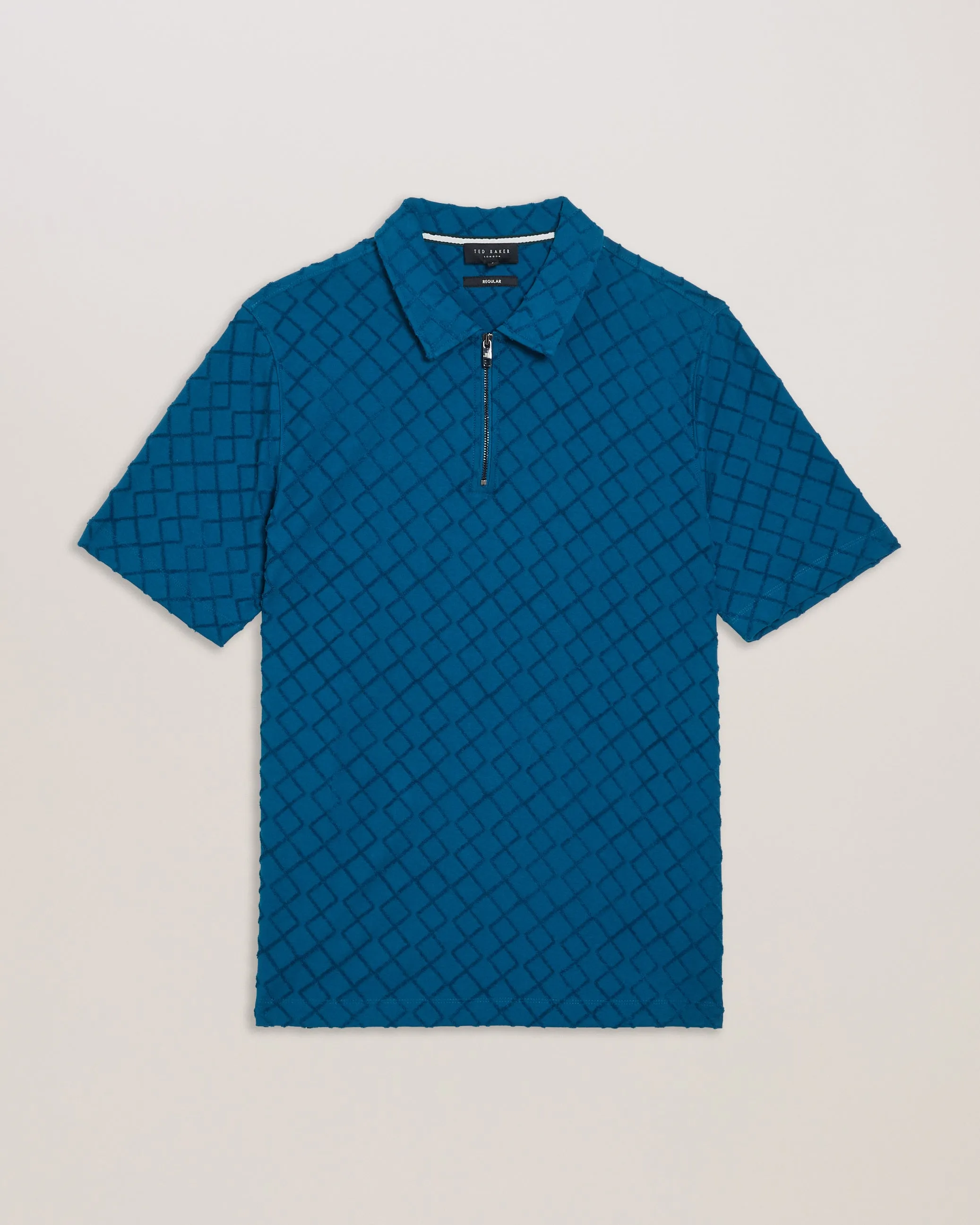 Ansom Zip-Neck Textured Towelling Cotton Polo Teal Blue