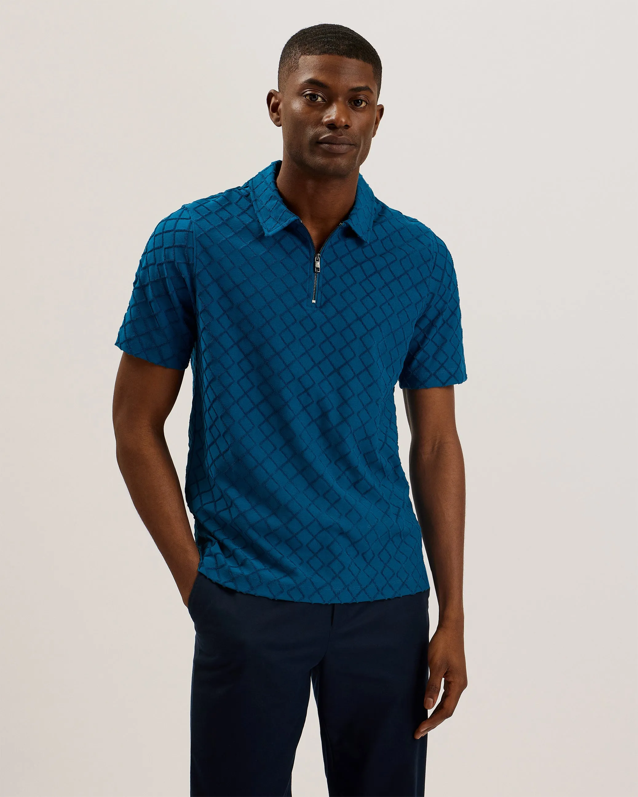 Ansom Zip-Neck Textured Towelling Cotton Polo Teal Blue