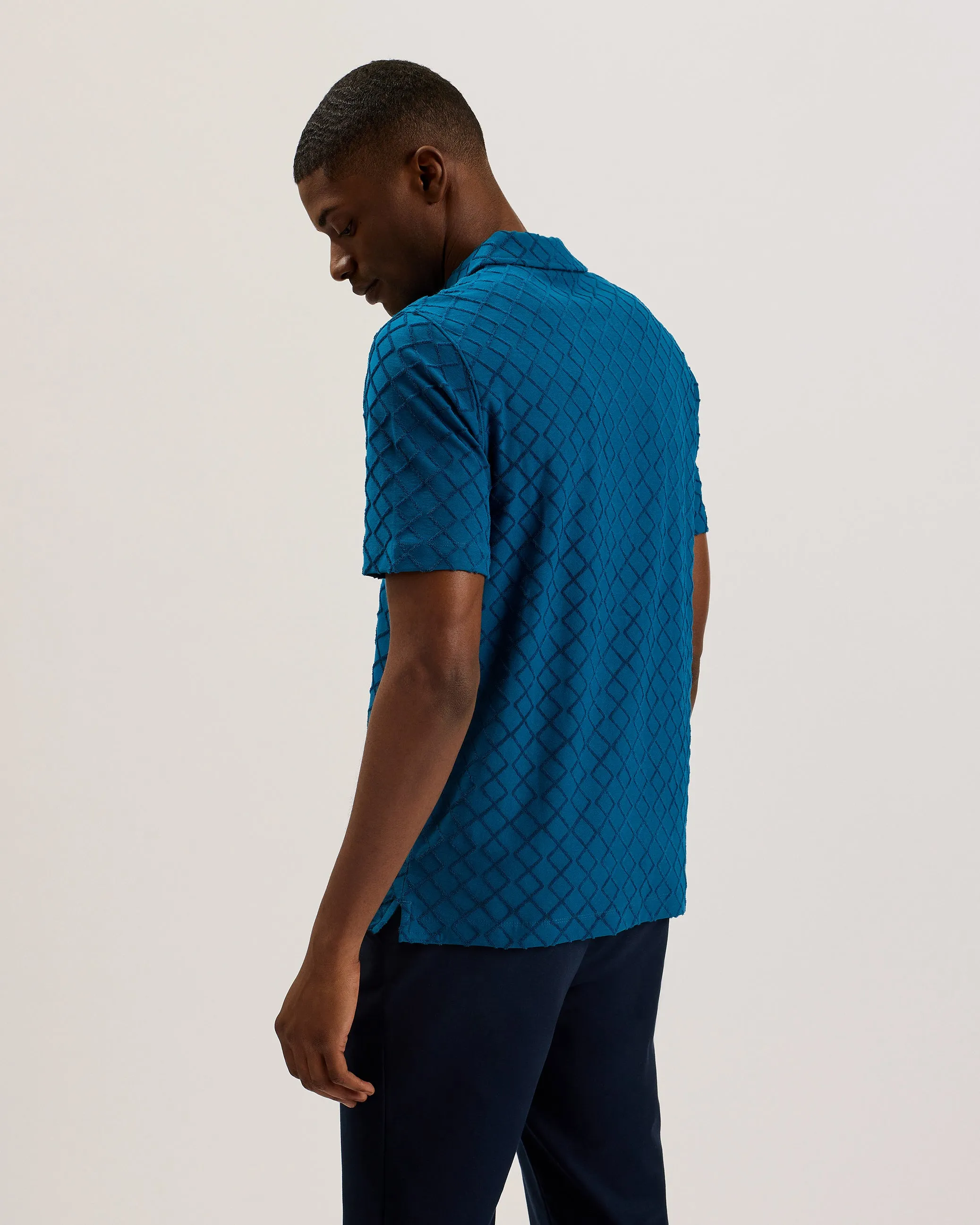 Ansom Zip-Neck Textured Towelling Cotton Polo Teal Blue