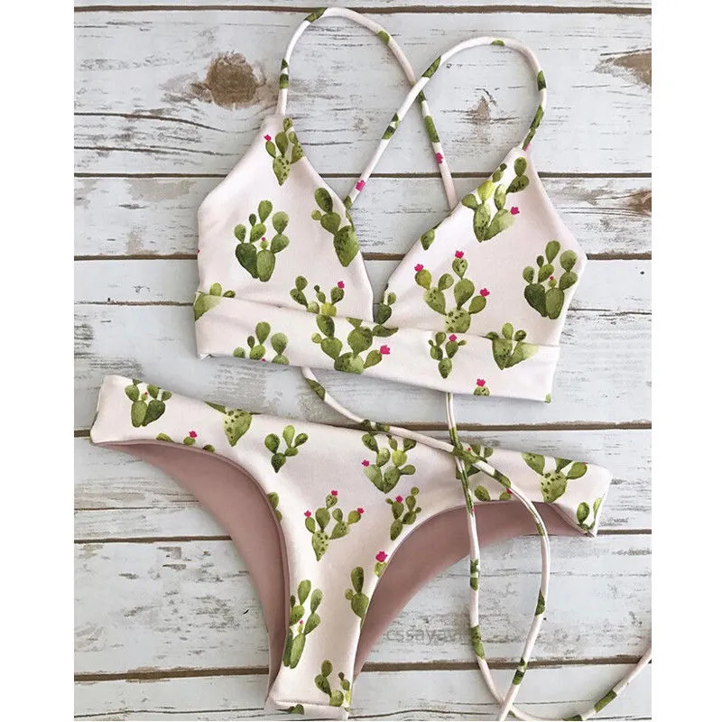 Cactus Print Bikini Boho White Cowgirl Swimsuit Green With Bohemian Desert Cacti Low Rise Bottoms Lined Top Cute Triangle Spaghetti Straps Small Medium Or Large