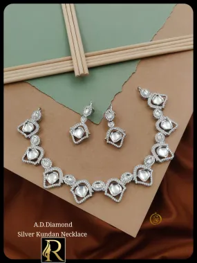 Designer Brass High Gold American Diamond Silver Golden Necklace with Earrings Jewellery Set