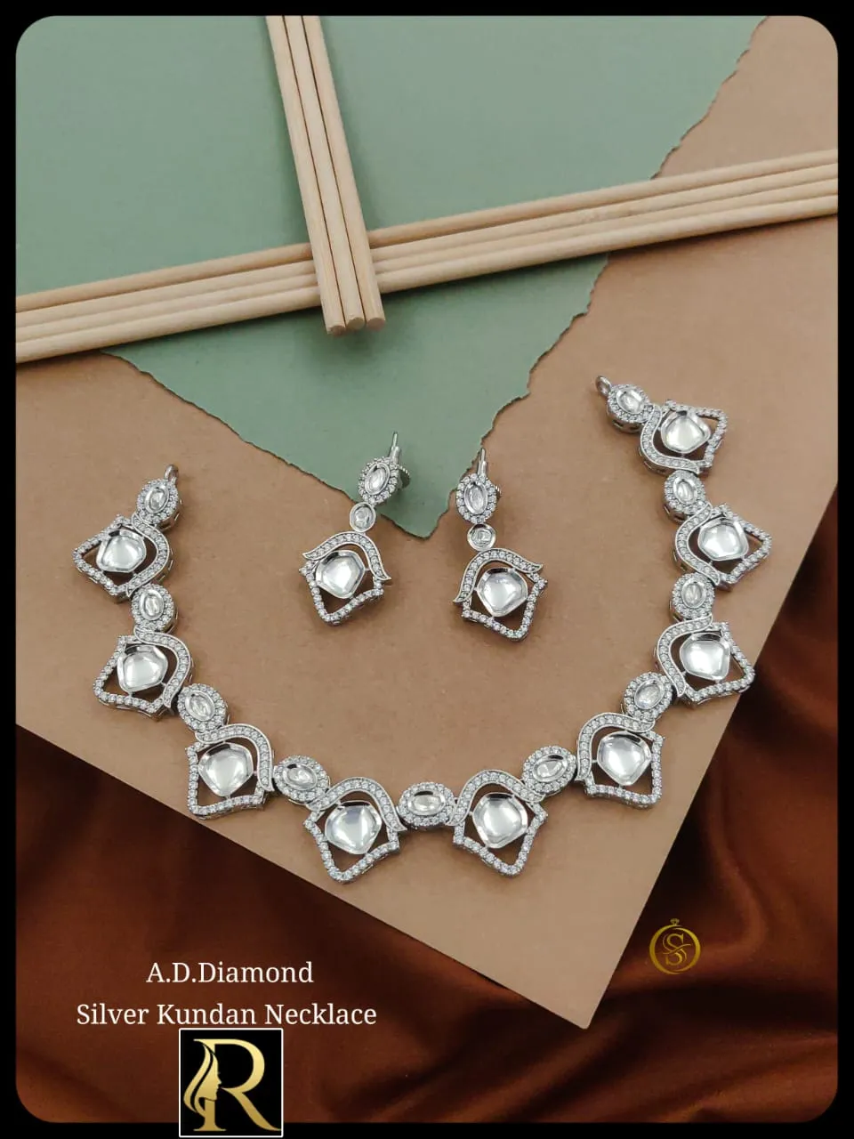 Designer Brass High Gold American Diamond Silver Golden Necklace with Earrings Jewellery Set