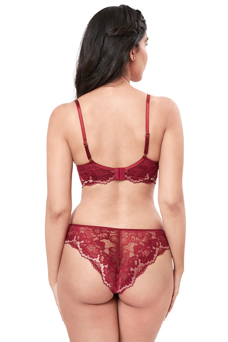 Eternal Bliss Lightly Padded Wired Demi Coverage Balconette Bra - Red Berry