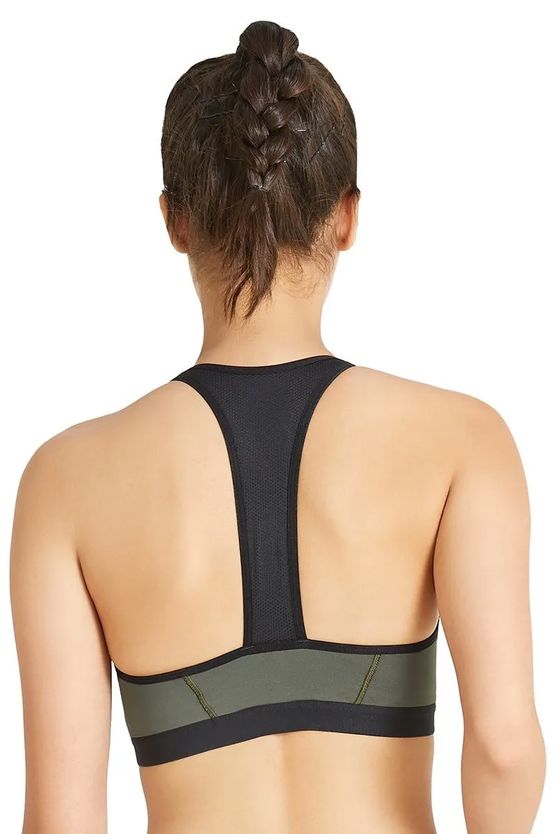 Medium Impact Front Zip Sports Bra - Army Green