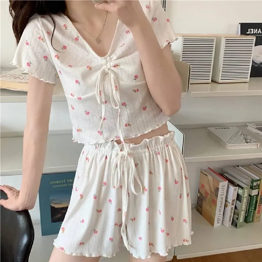 Pajamas for Teen Girls Floral Print Korean Style Pajamas Summer Pijama Pajamas Mini Top Shorts Suit Loungewear   S3238769