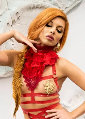 "Inanna" O-Rings Latex Chest Harness with Lace Collar